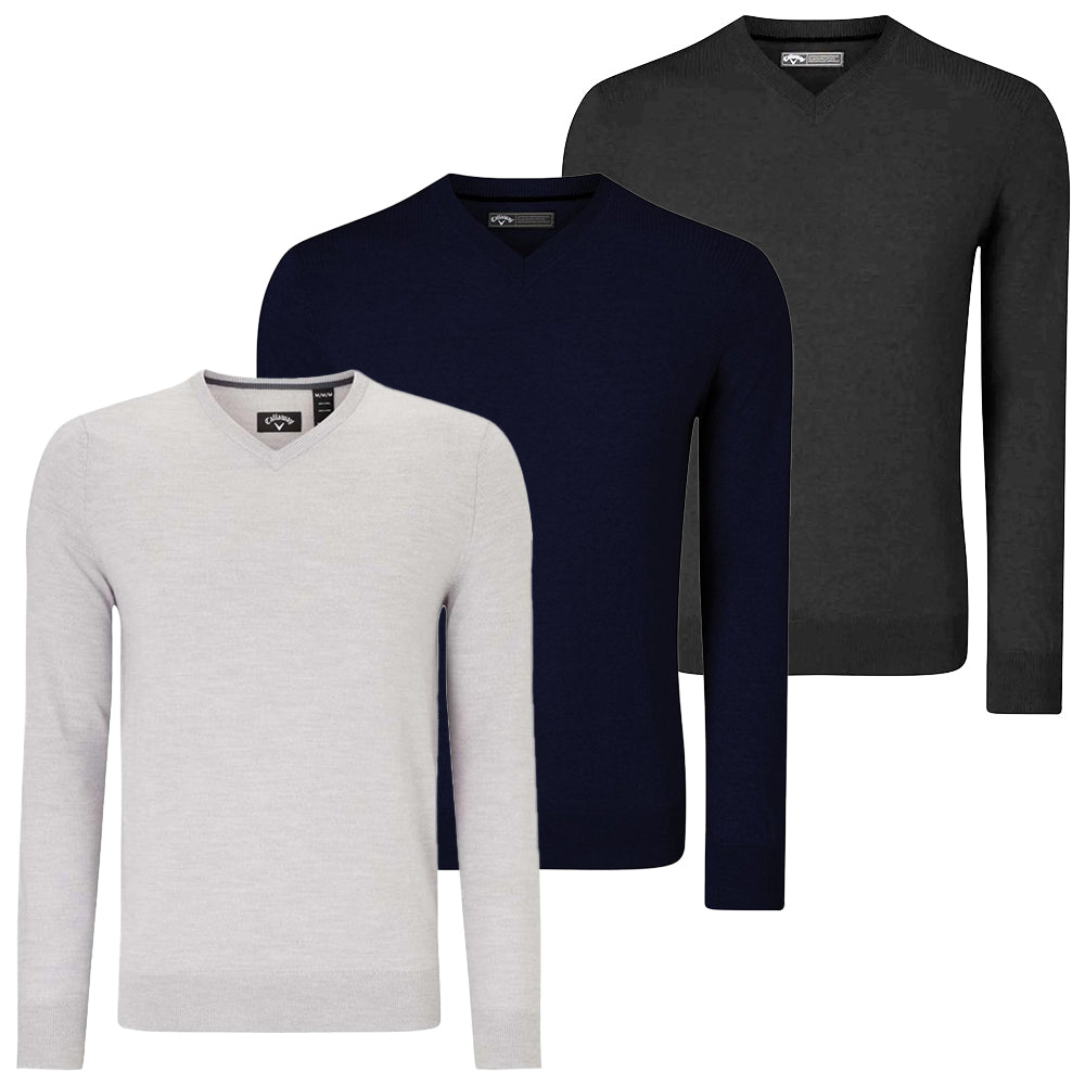 Callaway Vネック セーター ホワイト/ネイビー Callaway Mens Golf Ribbed V-Neck Merino Wool Branded Sweater