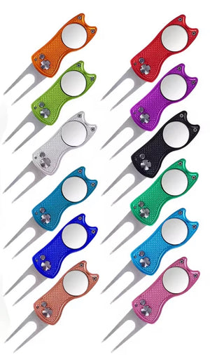 Retractable Metal Golf Green Divot Tool with Magnetic Ball Marker