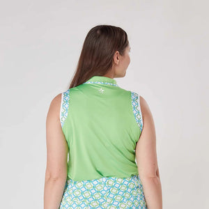 Swing Out Sister Ladies Sleeveless Print Polo in Dazzling Blue and Emerald with Zip-Neck