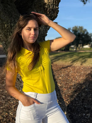 Swing Out Sister Ladies Ultra-Soft Stretch Short Sleeve Polo in Sunshine